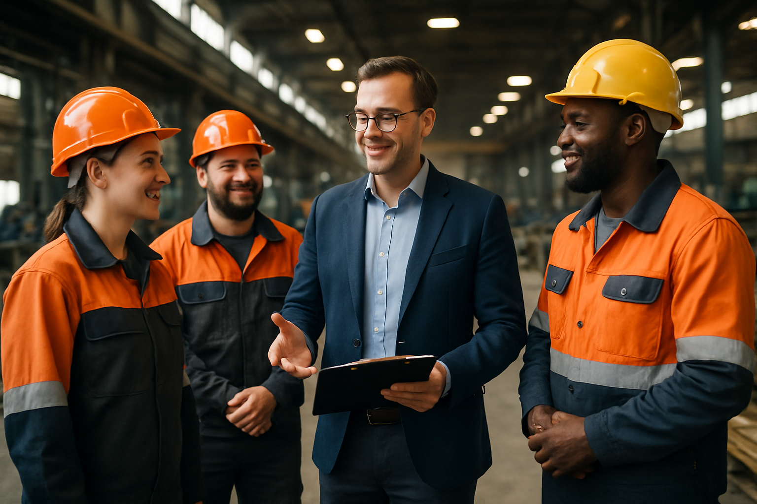 photographic A manager in conversation with a small group of deskless employees in their real working environment