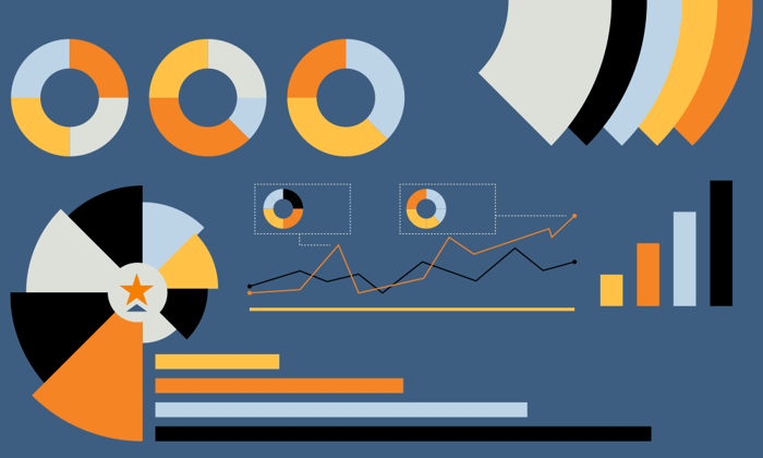 Graphics highlighting the results of people science in various graphs and pie charts